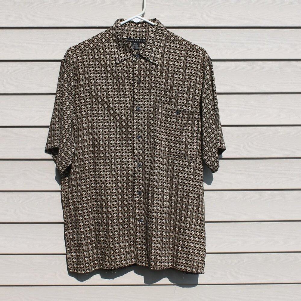 Manhattan Men's Short Sleeve Button Down Rayon Shirt Geometric Print Size M